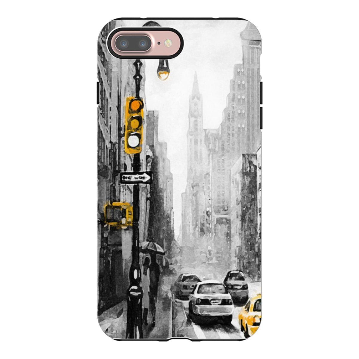 iPhone tough case featuring a black and white New York city street scene with vibrant yellow traffic lights and taxi accents.