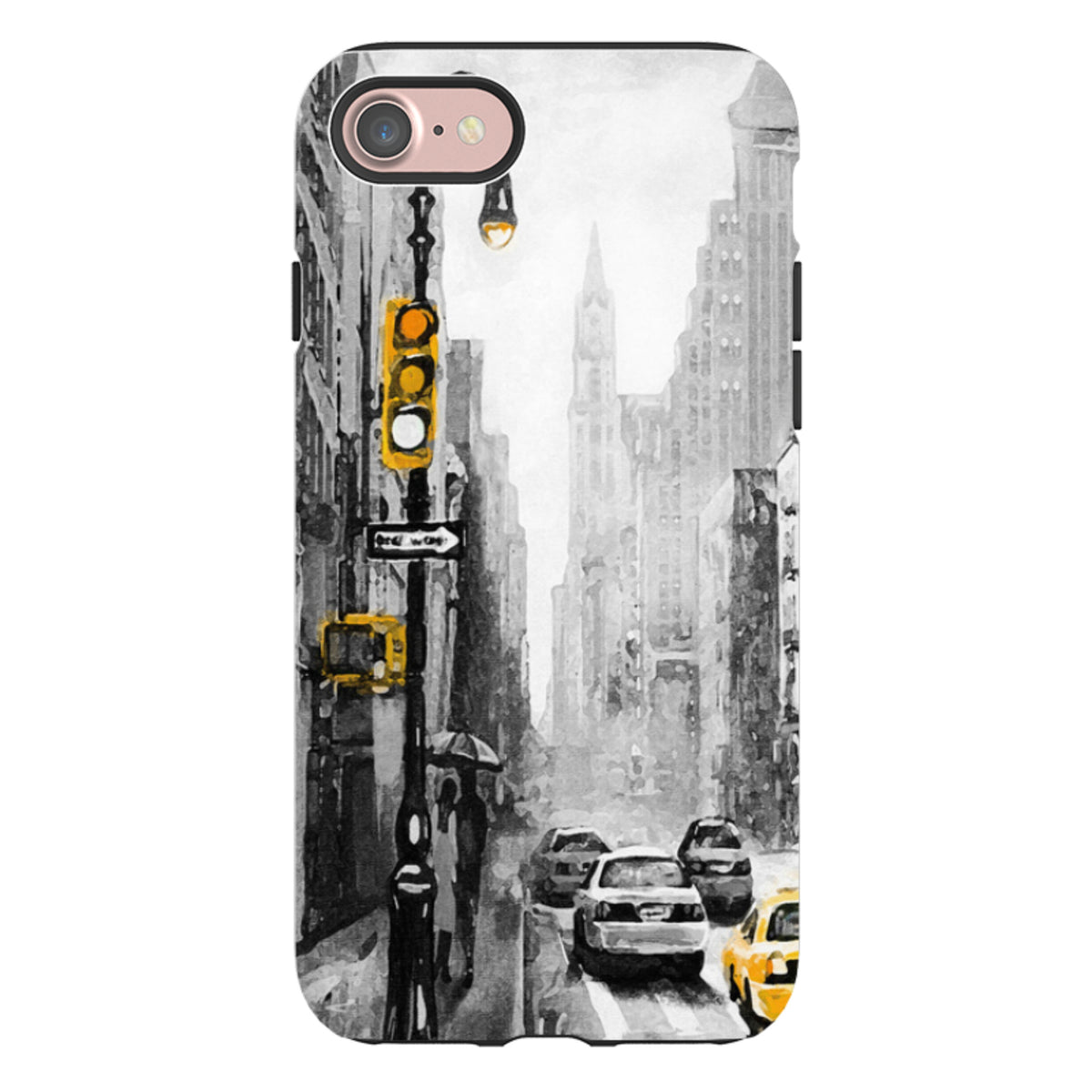 iPhone tough case featuring a black and white New York city street scene with vibrant yellow traffic light and taxi accents.