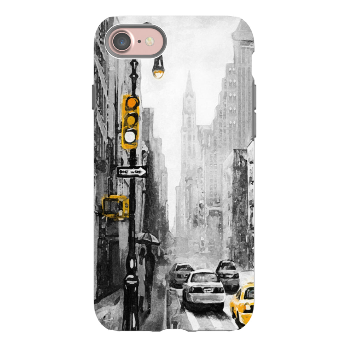 Dual-layer iPhone case featuring a black and white New York city street scene with vibrant yellow taxi and traffic light.