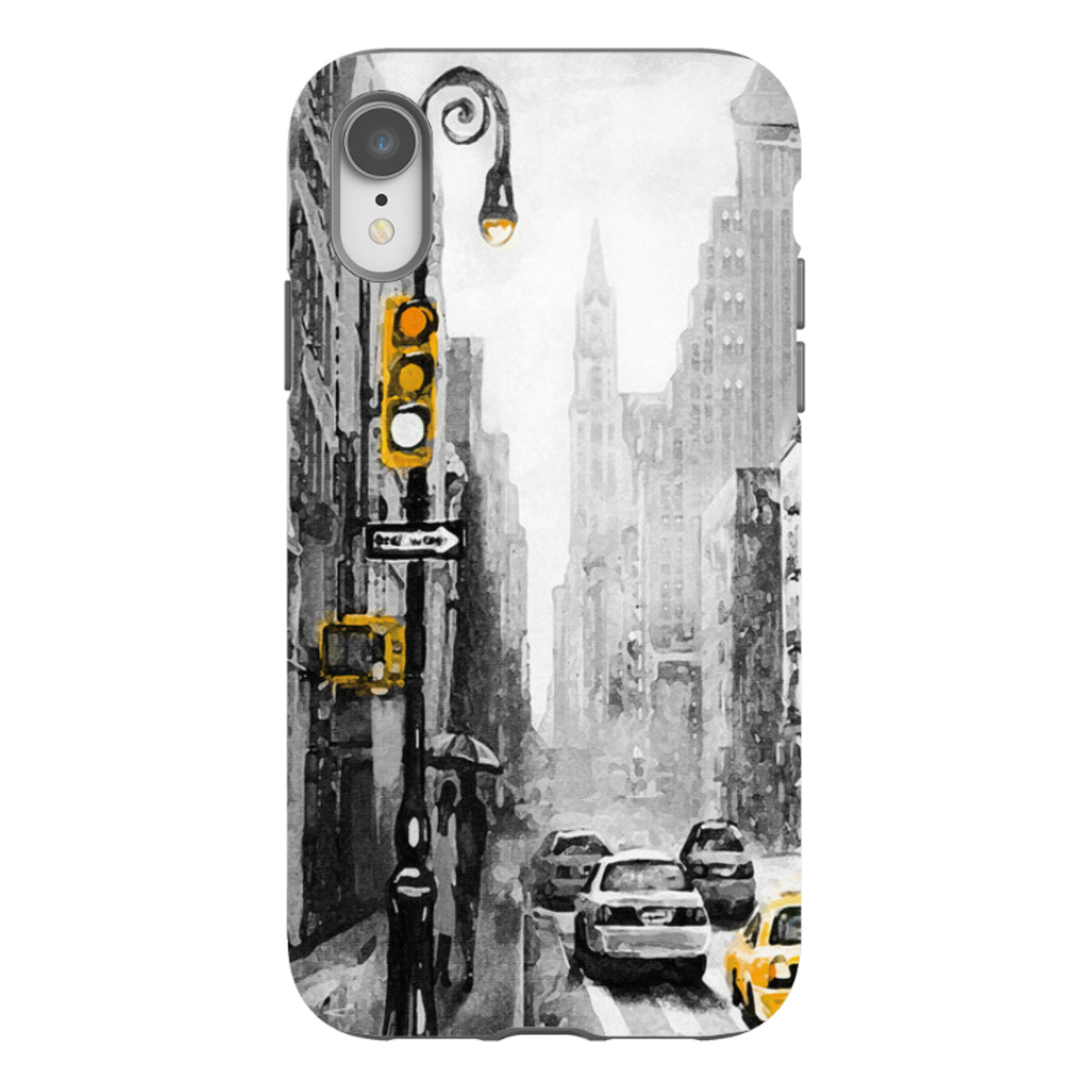 iPhone tough case featuring a black and white New York city street scene with vibrant yellow taxi and traffic light accents.