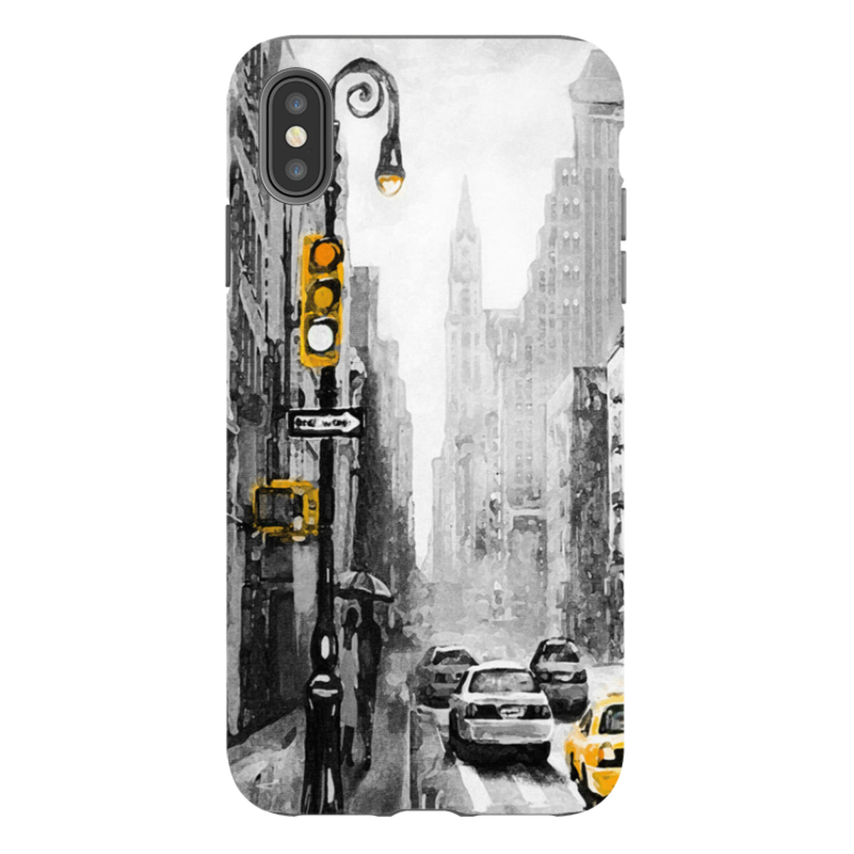 Dual-layer iPhone tough case featuring a black and white New York street scene with vibrant yellow traffic light and taxi accents.