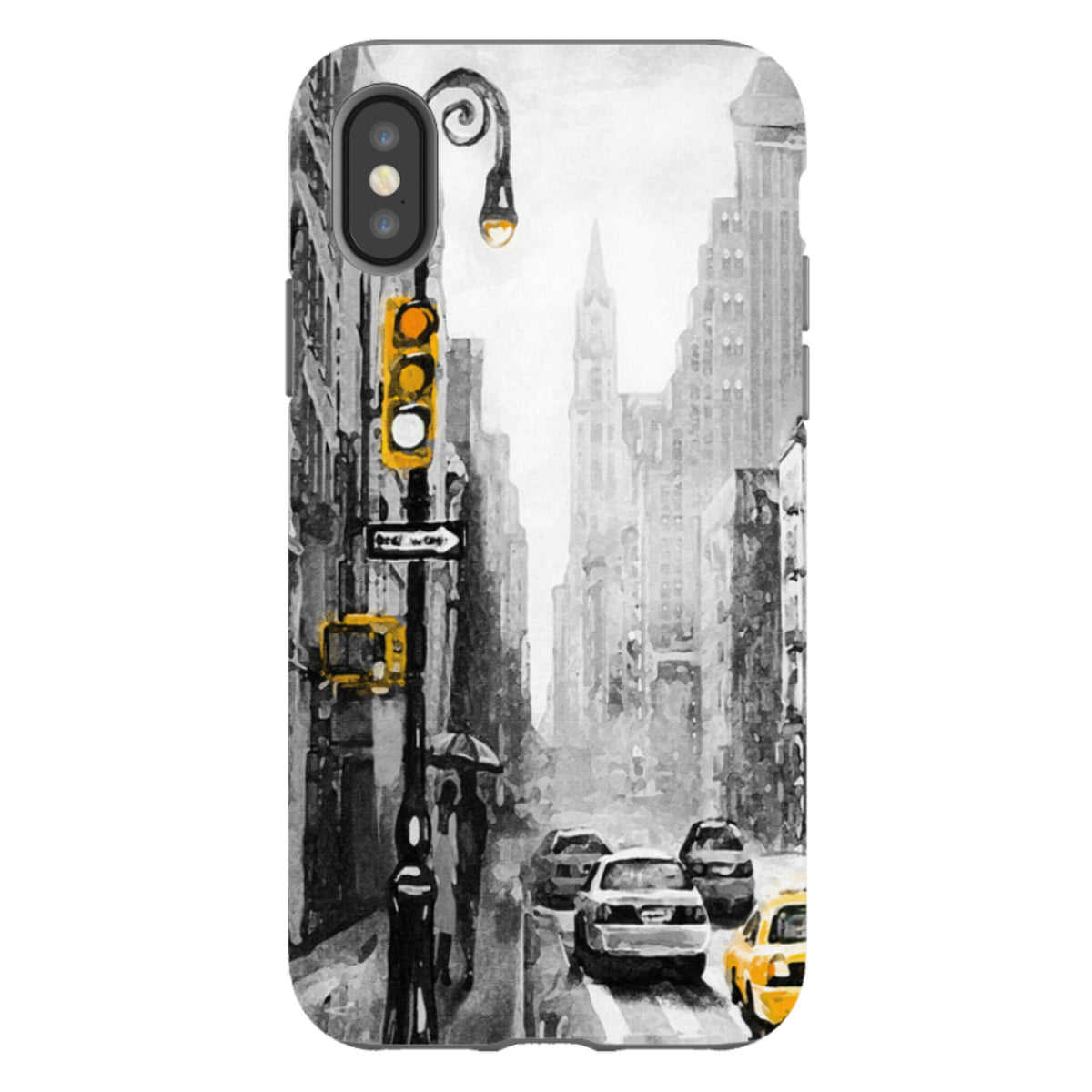 iPhone tough case featuring a black and white New York city street scene with vibrant yellow taxi and traffic light accents.