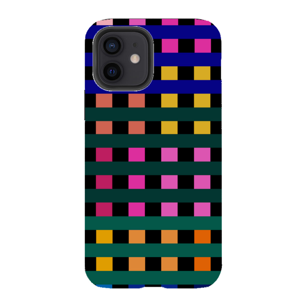 iPhone tough case with a vibrant Newton Check grid pattern in pink, yellow, orange, and blue on a dark green background.