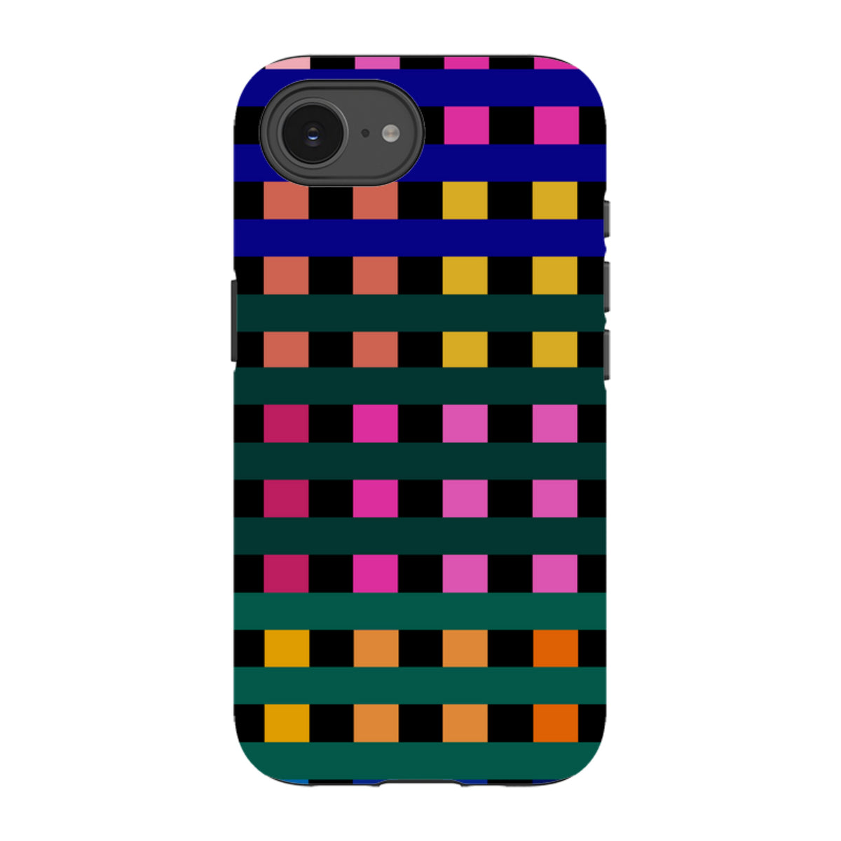 iPhone tough case featuring a colorful Newton Check grid pattern in vibrant pink, blue, yellow, and green on black.