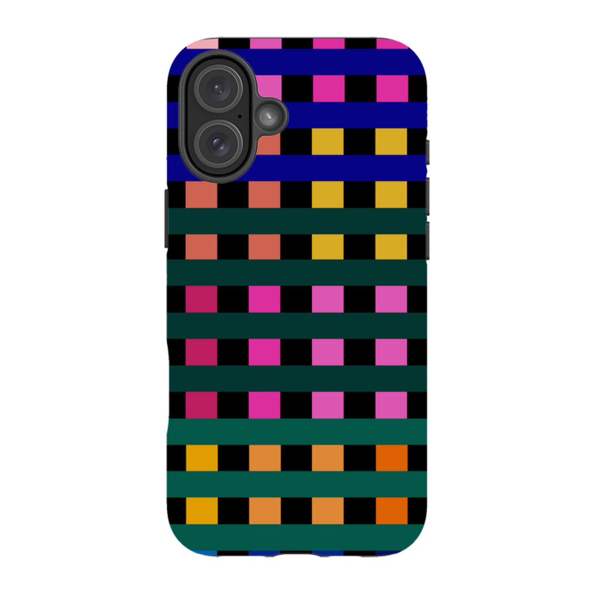 iPhone tough case with a vibrant, multi-colored Newton Check grid pattern and a protective dual-layer design.