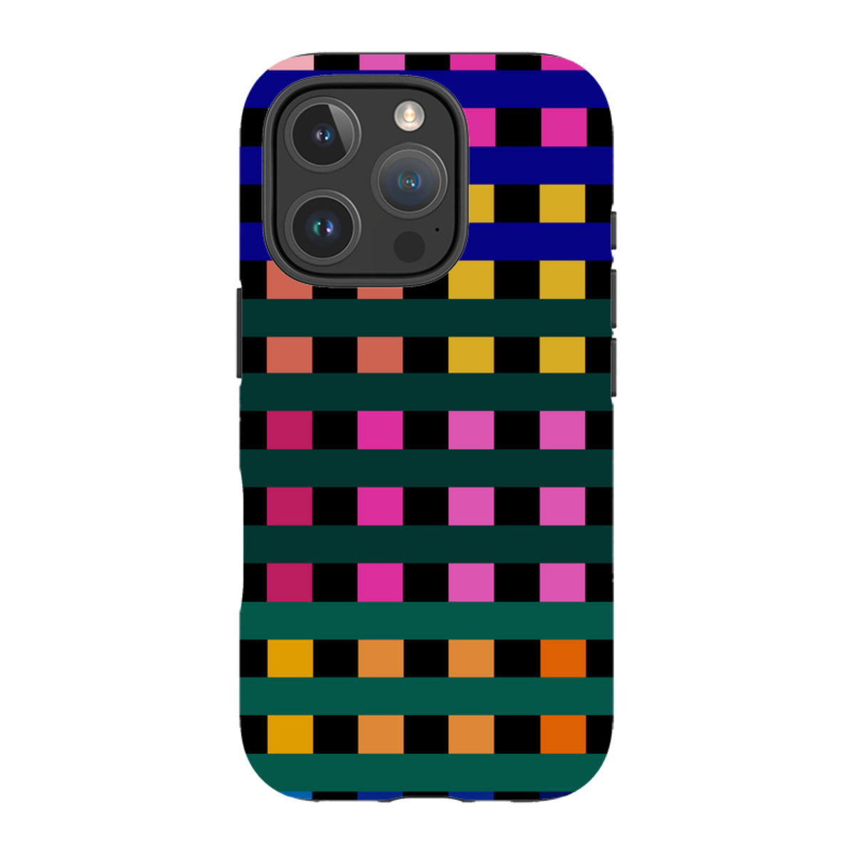 iPhone tough case featuring a vibrant Newton Check grid pattern in pink, blue, yellow, and orange on a black background.