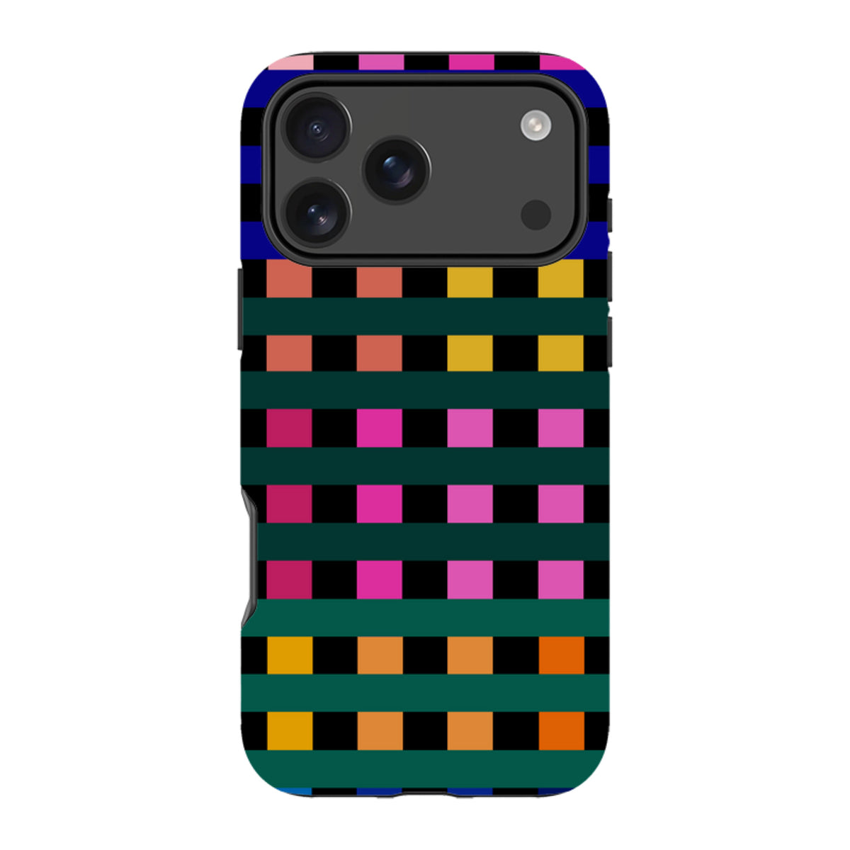 iPhone tough case featuring a vibrant Newton Check pattern with colorful squares and dark green stripes.