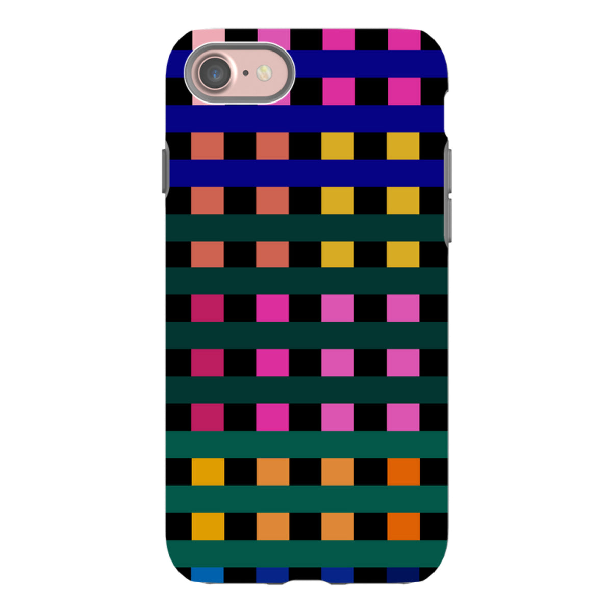 iPhone tough case featuring a vibrant, multi-colored Newton Check grid pattern with a durable dual-layer design.