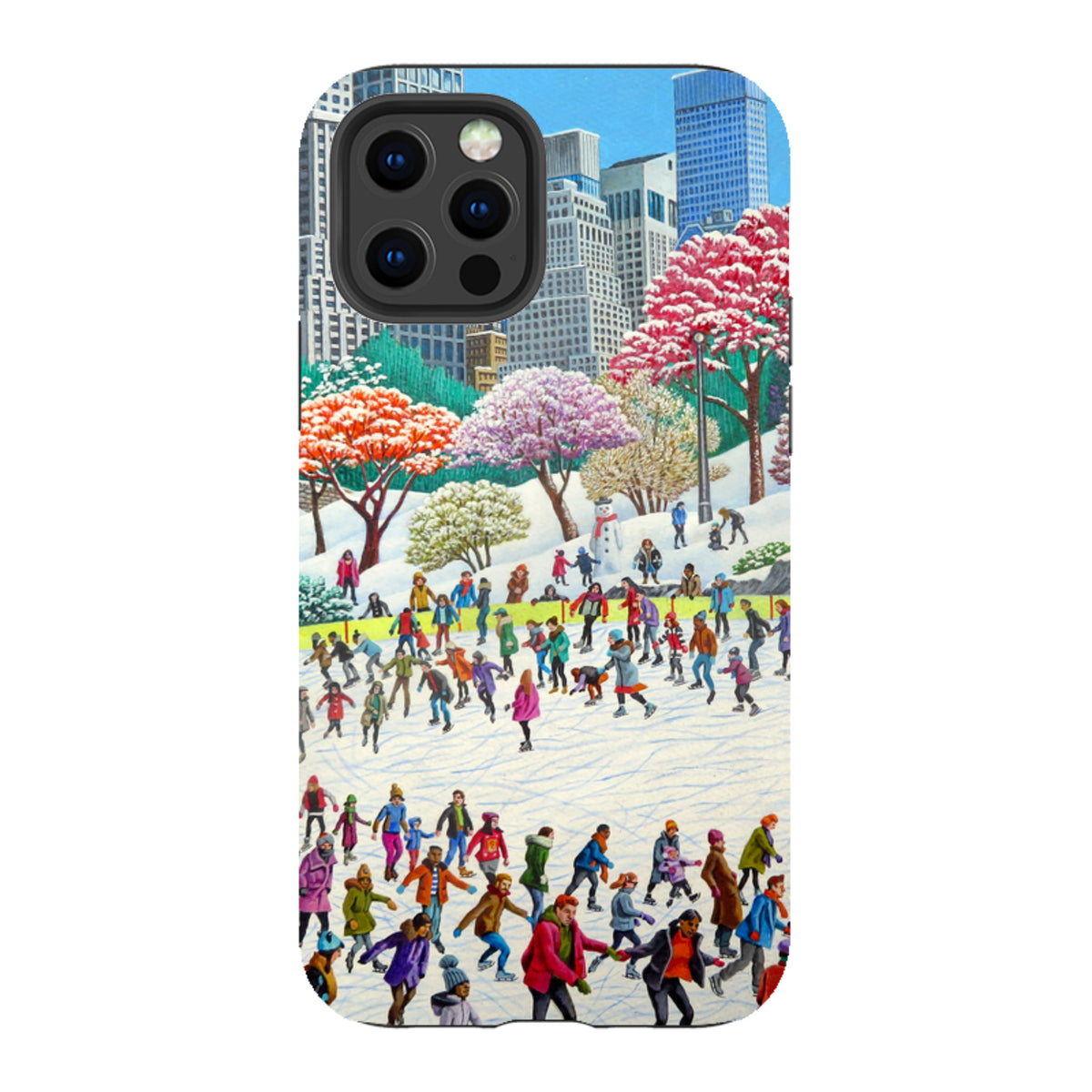 iPhone tough case featuring a colorful New York winter skating scene with skyscrapers and snow-covered trees.