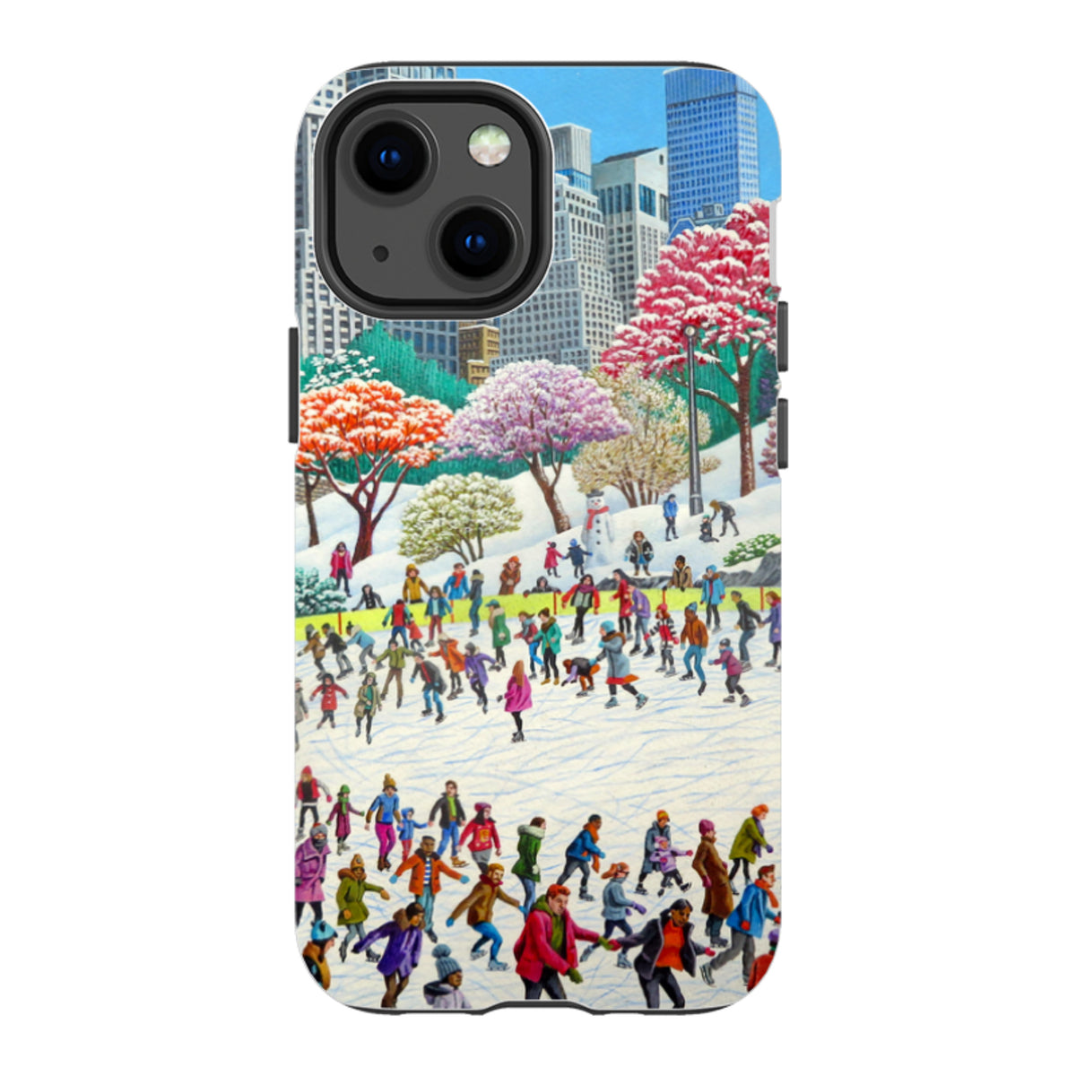 iPhone tough case featuring a vibrant New York ice skating scene with colorful figures against a snowy city backdrop.
