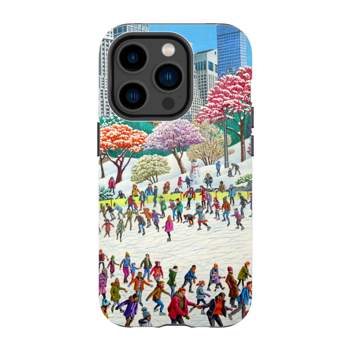 iPhone tough case featuring a vibrant New York ice skating scene with colorful figures, snowy park trees, and city skyline.