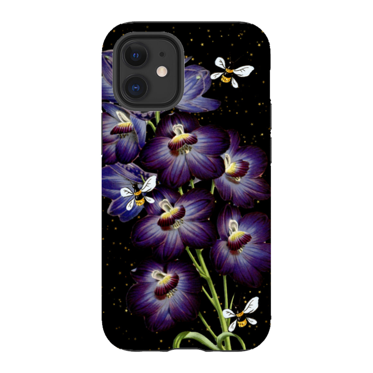 iPhone tough case featuring purple flowers and bees on a black background with gold star accents and dual-layer protection.