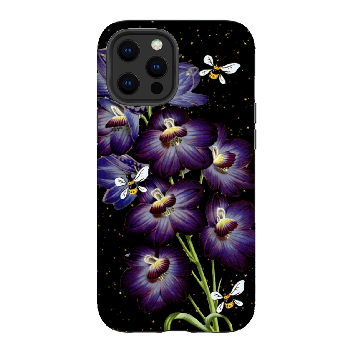 iPhone tough case featuring purple flowers and bees on a black starry background with dual-layer protective design.