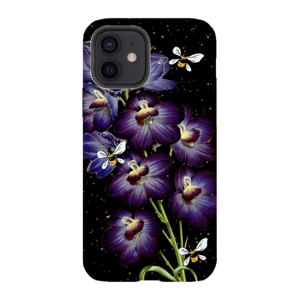 Dual-layer iPhone case featuring purple flowers and bees on a black background with gold star accents.