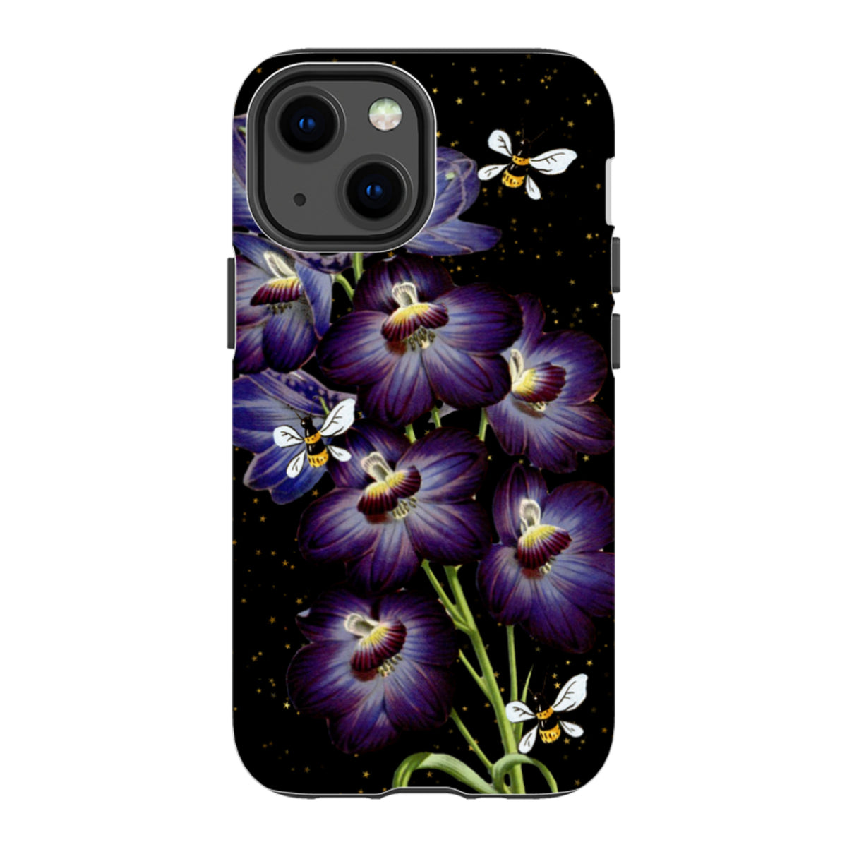 iPhone tough case featuring purple flowers and bees on a black background with gold stars and dual-layer protection.