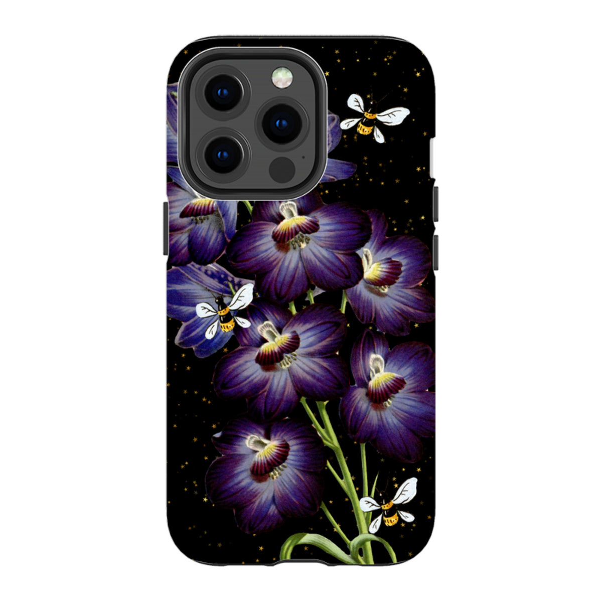 iPhone tough case featuring purple flowers and bees on a black starry background with dual-layer protective design.