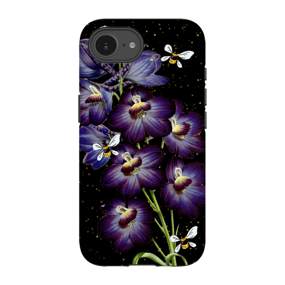 iPhone tough case featuring purple flowers and bees on a black background with gold stars and dual-layer protection.