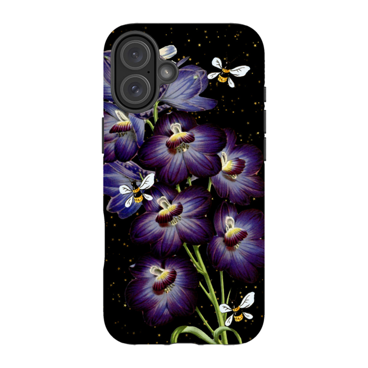 iPhone tough case featuring purple flowers and bees on a black background with gold stars and dual-layer protection.