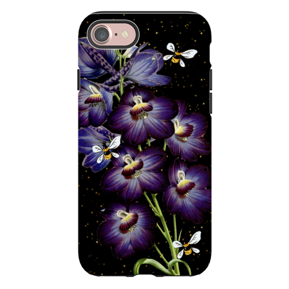 iPhone tough case featuring purple flowers and bees on a black background with gold stars and dual-layer protection.