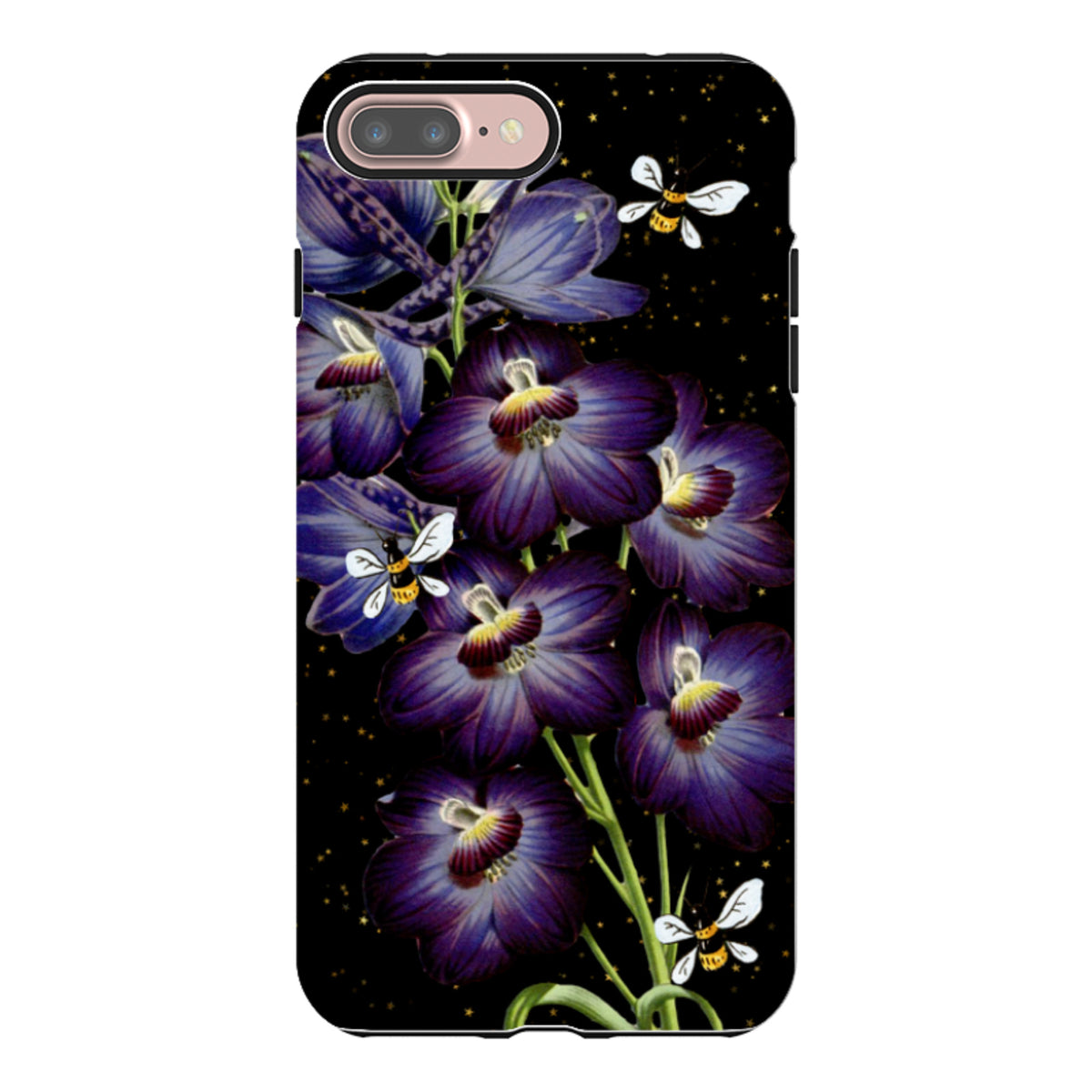 iPhone tough case featuring purple flowers and bees on a black starry background with dual-layer protective design.