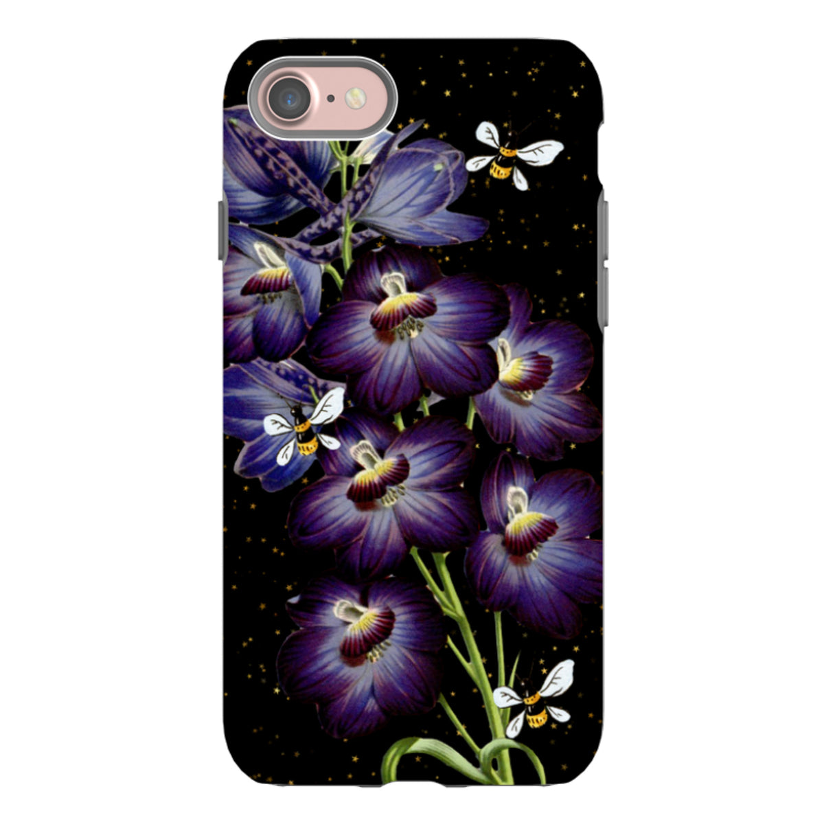 iPhone tough case featuring purple flowers and bees on a black background with gold stars and dual-layer protection.