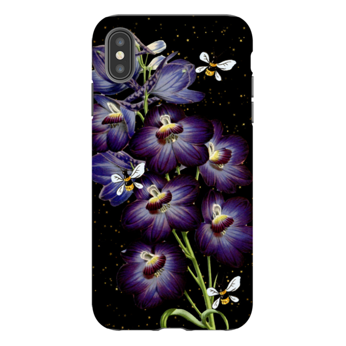 iPhone tough case featuring purple flowers and bees on a black starry background with dual-layer protective design.