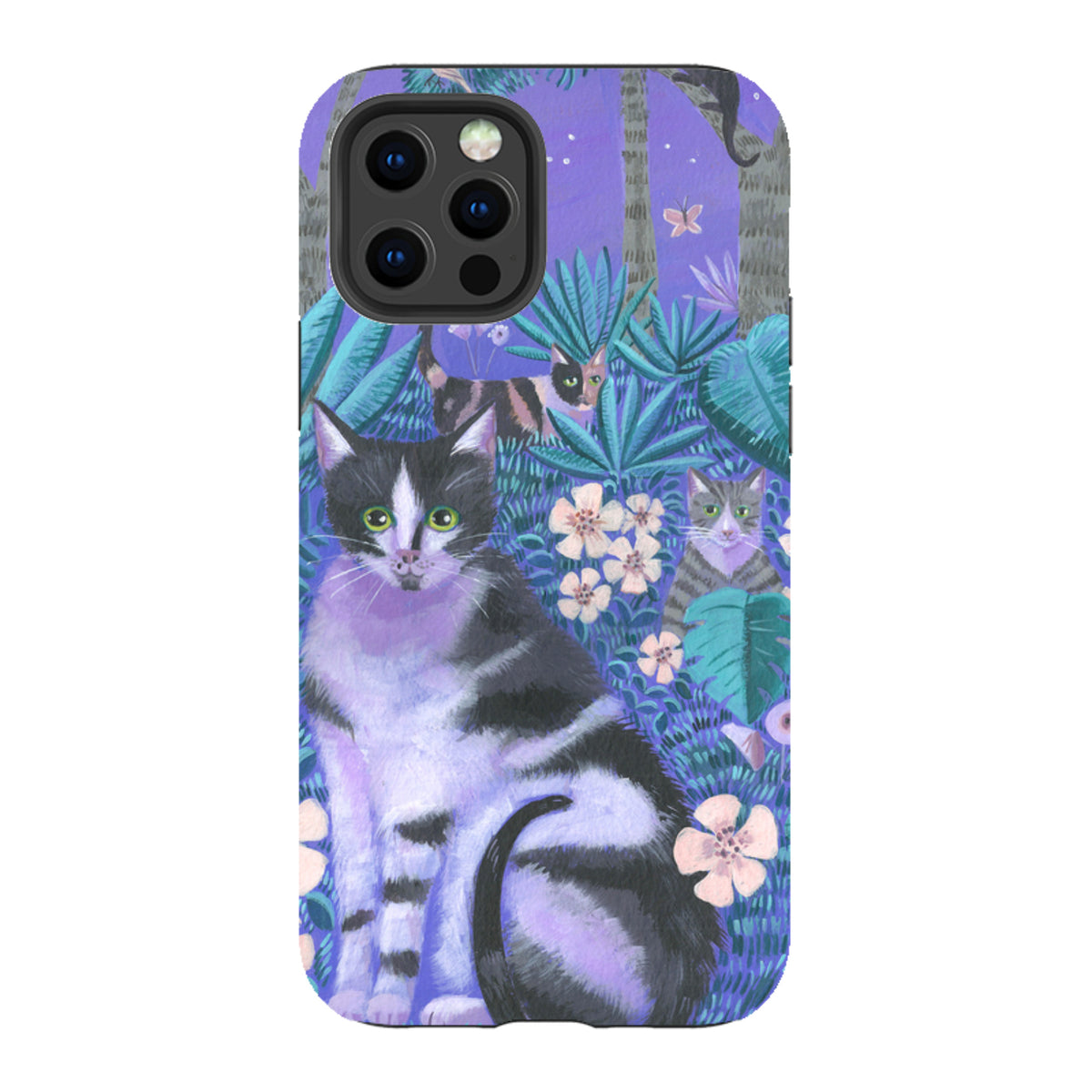 Dual-layer iPhone tough case featuring Mary Stubberfield’s Night Cats art with purple foliage and detailed cat illustrations.