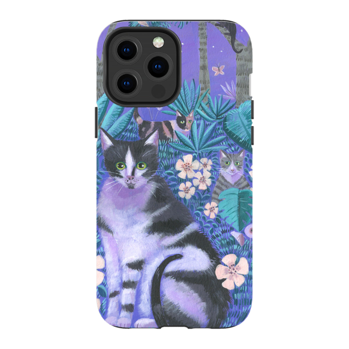 iPhone tough case featuring Mary Stubberfield's Night Cats art with black and tabby cats in a purple jungle setting.