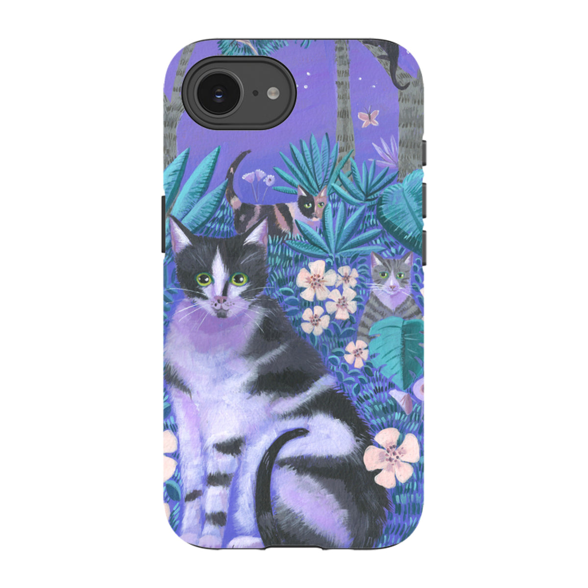 iPhone tough case featuring Mary Stubberfield's Night Cats art with black and white cats in a purple floral jungle.