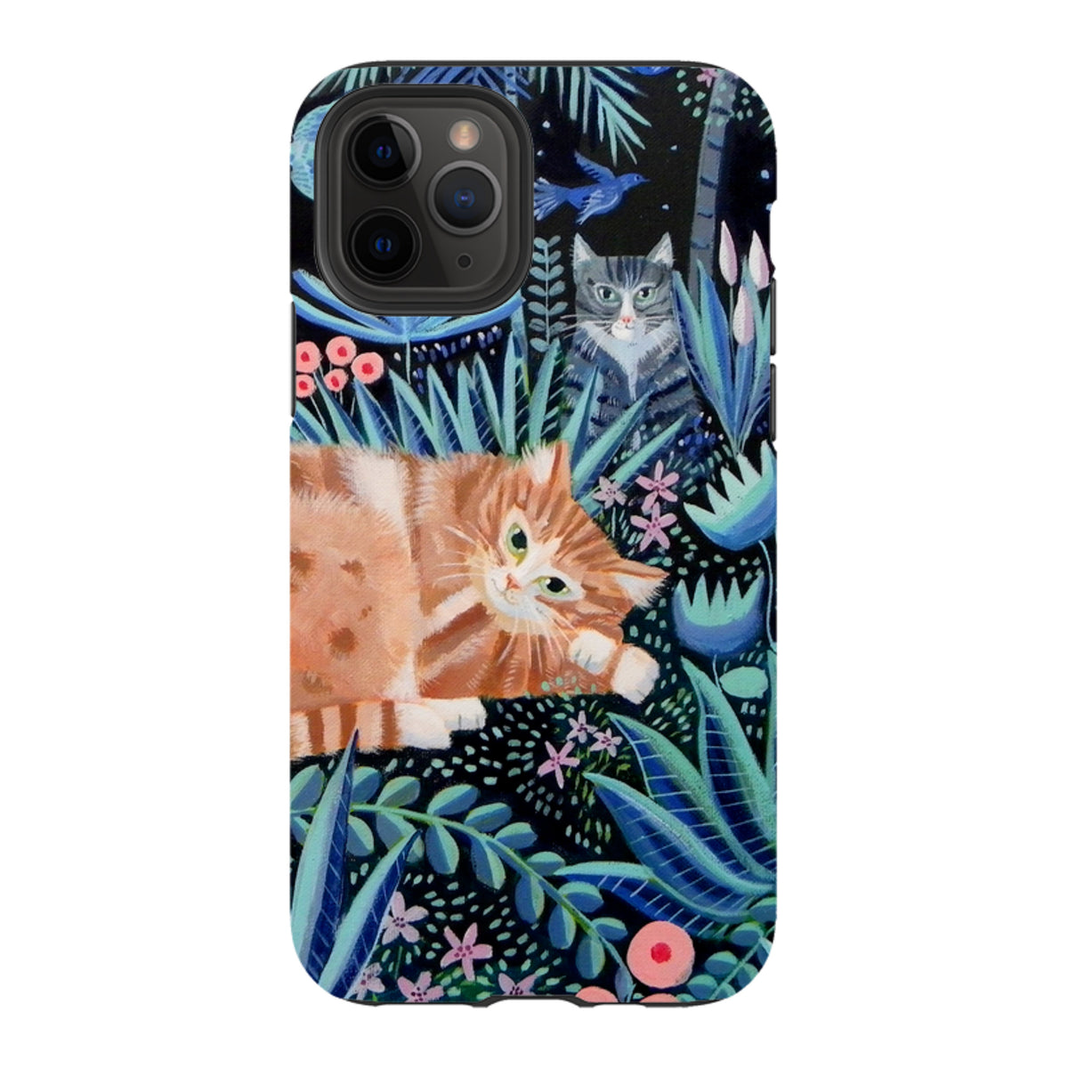iPhone tough case featuring orange and grey cats in a vibrant, dark floral jungle illustration by Mary Stubberfield.