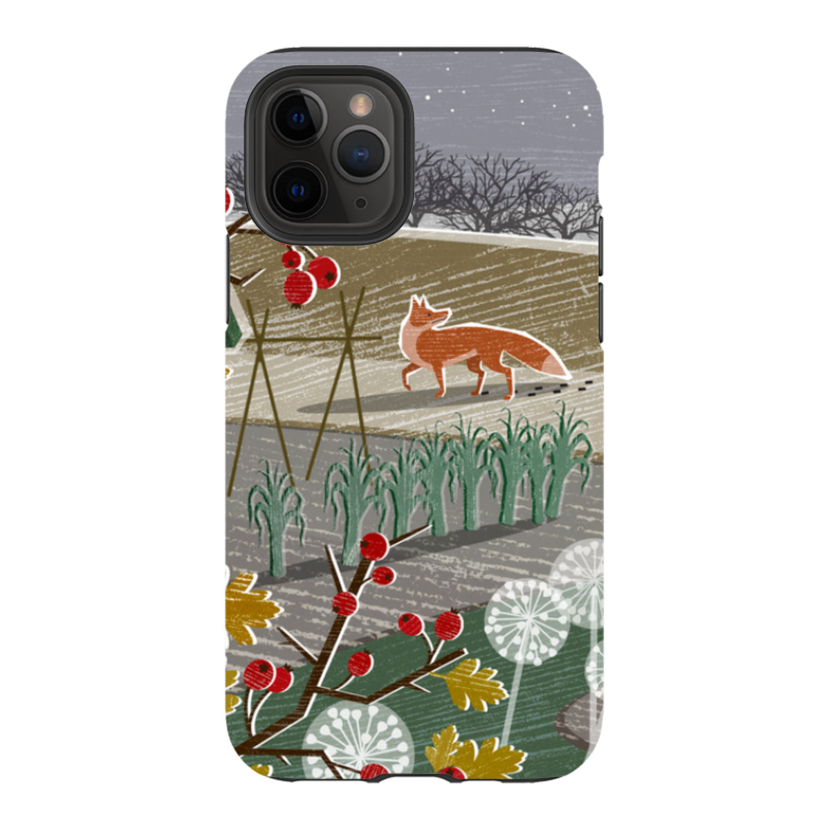 iPhone tough case featuring Liane Payne's Night Fox 2 art with a red fox, winter berries, and foliage in a dual-layer design.