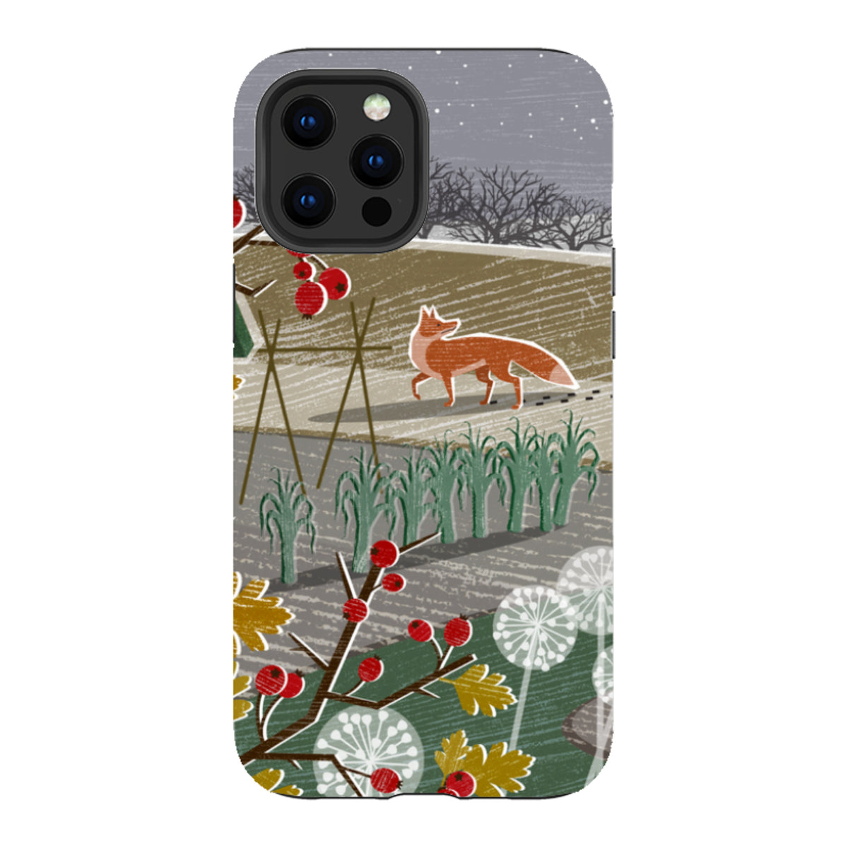 iPhone tough case featuring Liane Payne’s Night Fox 2 art with a red fox, winter berries, and foliage on a dual-layer shell.