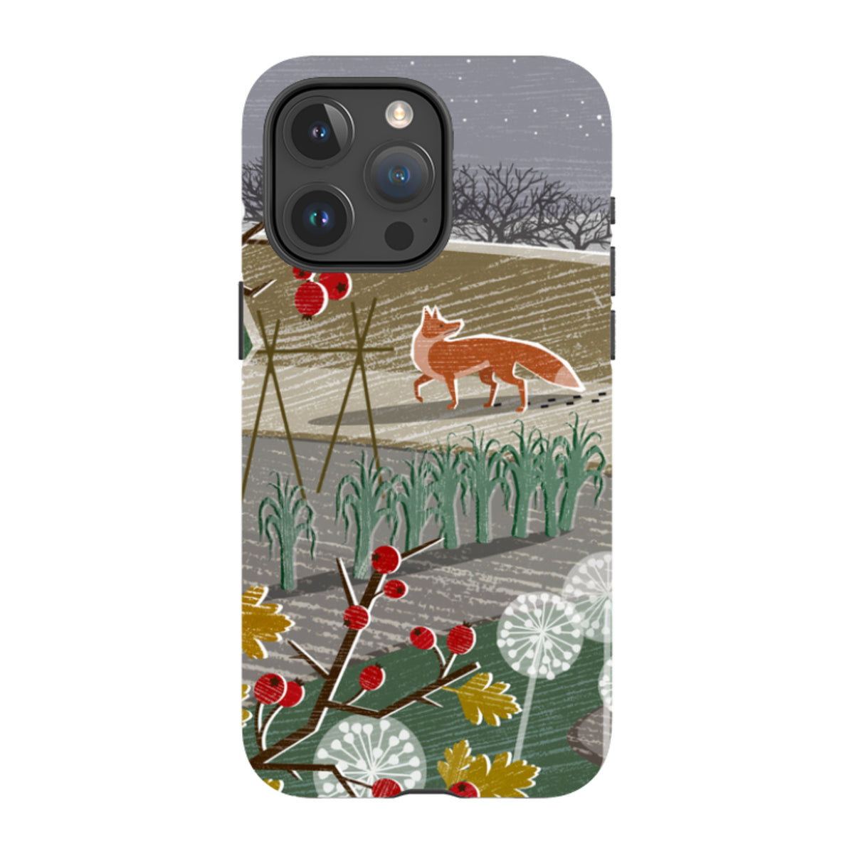 iPhone tough case featuring Liane Payne's Night Fox 2 art with a red fox in a winter field and botanical details.