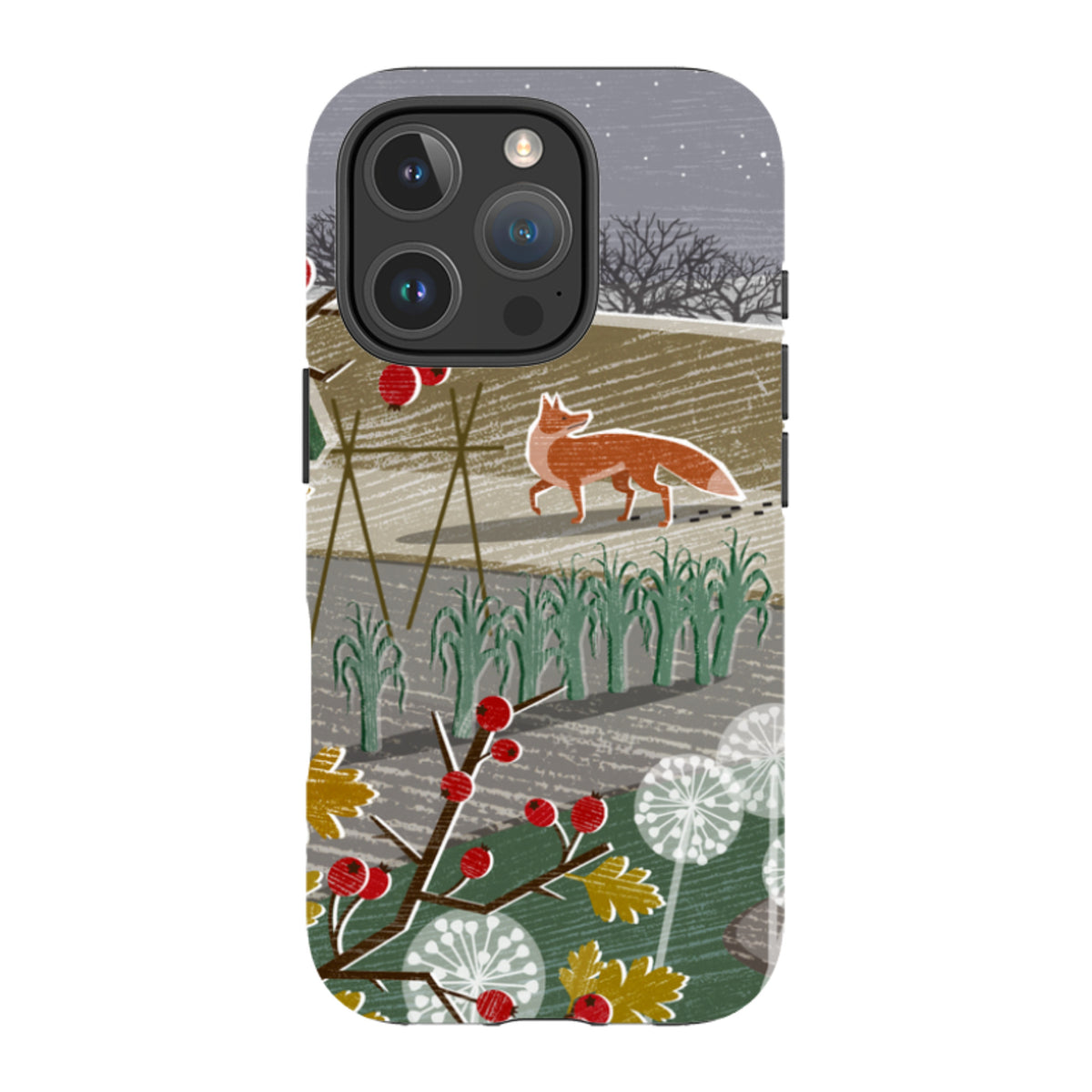iPhone tough case featuring Liane Payne’s Night Fox 2 art with a red fox, winter berries, and foliage in a dual-layer design.