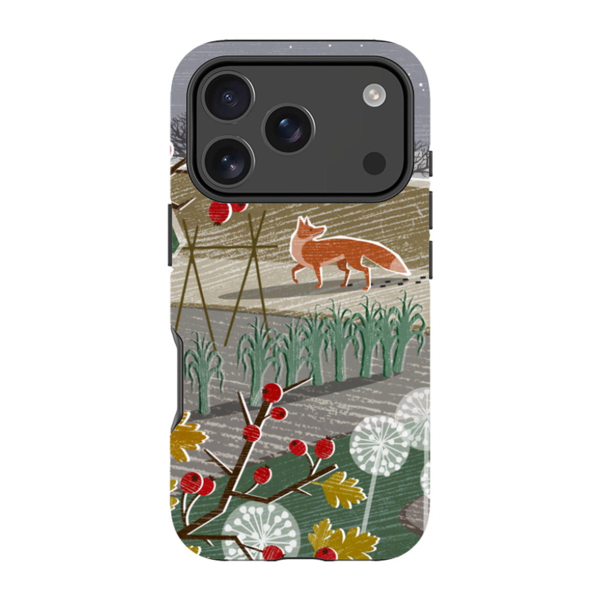 Dual-layer iPhone tough case featuring Liane Payne’s Night Fox 2 art with a red fox, berries, and foliage illustration.