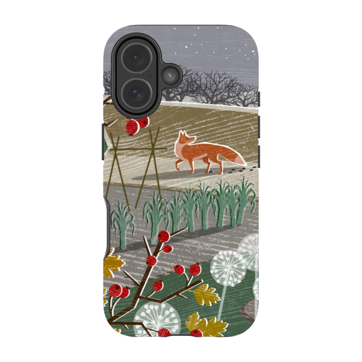 Dual-layer iPhone tough case featuring a fox in a winter field with red berries and stylized plants by Liane Payne.
