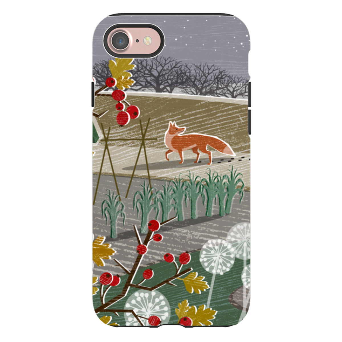 iPhone tough case featuring Liane Payne’s Night Fox 2 art with a red fox in a winter landscape and red berries.