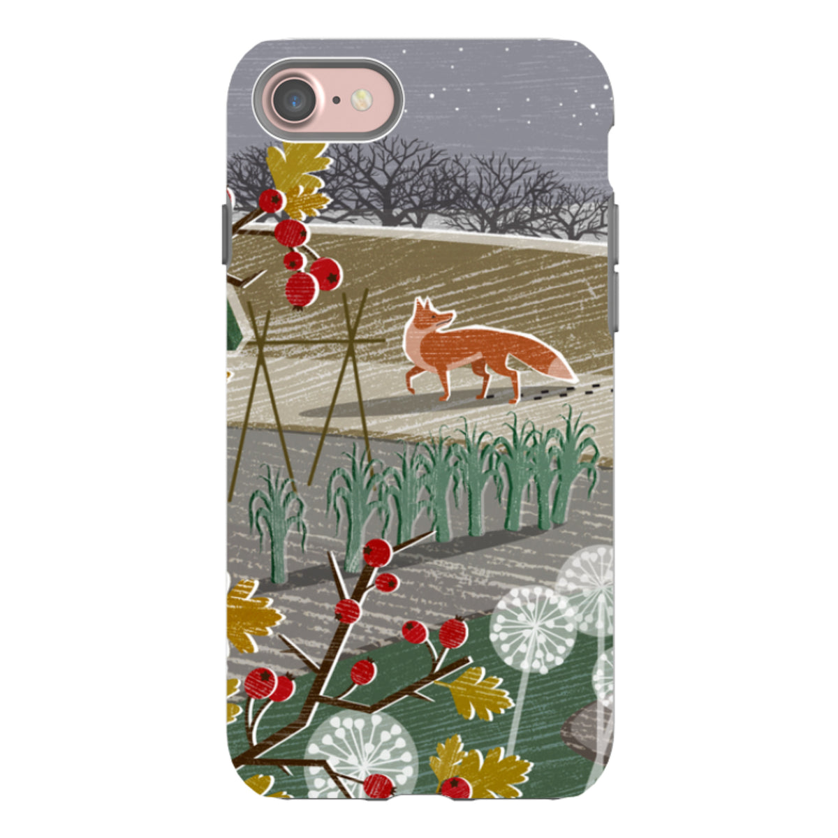 Dual-layer iPhone tough case featuring Liane Payne’s Night Fox 2 art with a red fox in a winter landscape.