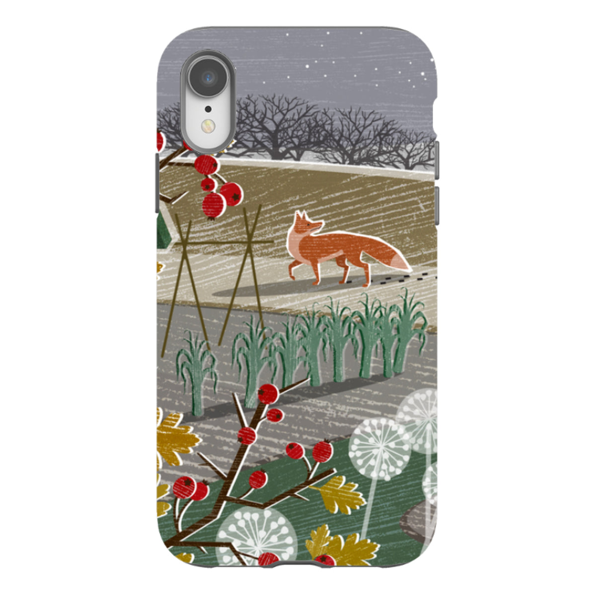iPhone tough case featuring Liane Payne’s Night Fox 2 art with a red fox in a winter field and berry branches.