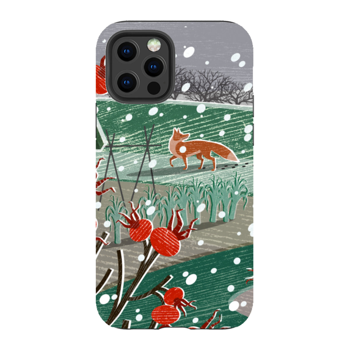 iPhone tough case featuring Liane Payne's Night Fox 3 art with a red fox in a snowy green landscape and rose hips.