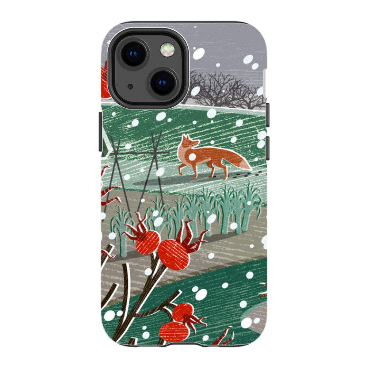 Dual-layer iPhone tough case featuring a stylized fox in a snowy landscape with red berries and green fields.