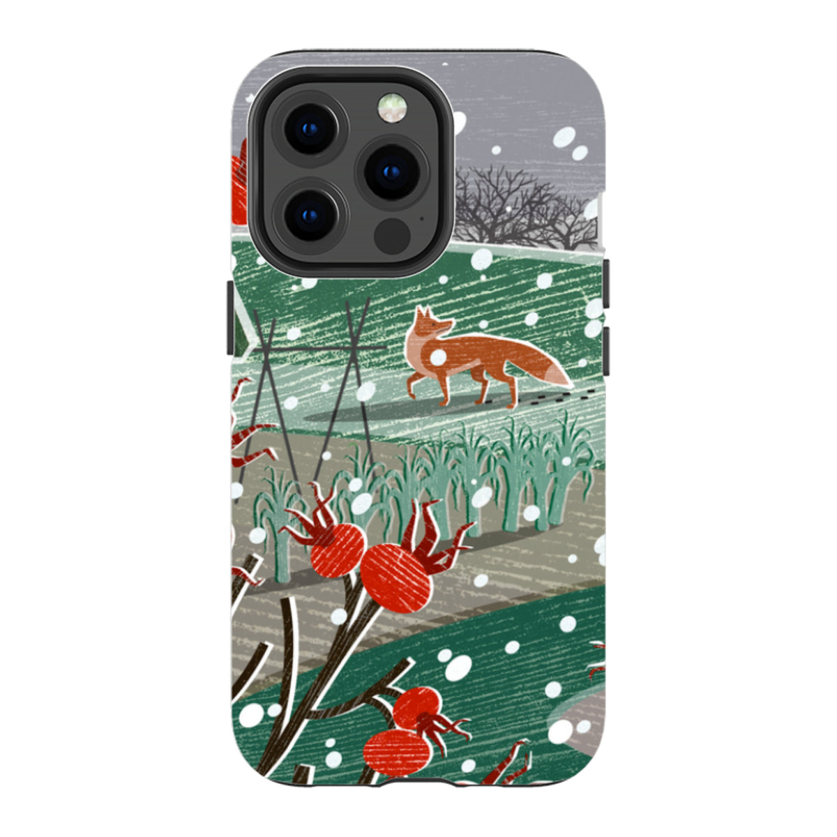 iPhone tough case featuring a red fox in a snowy winter field with red berries and green plants.