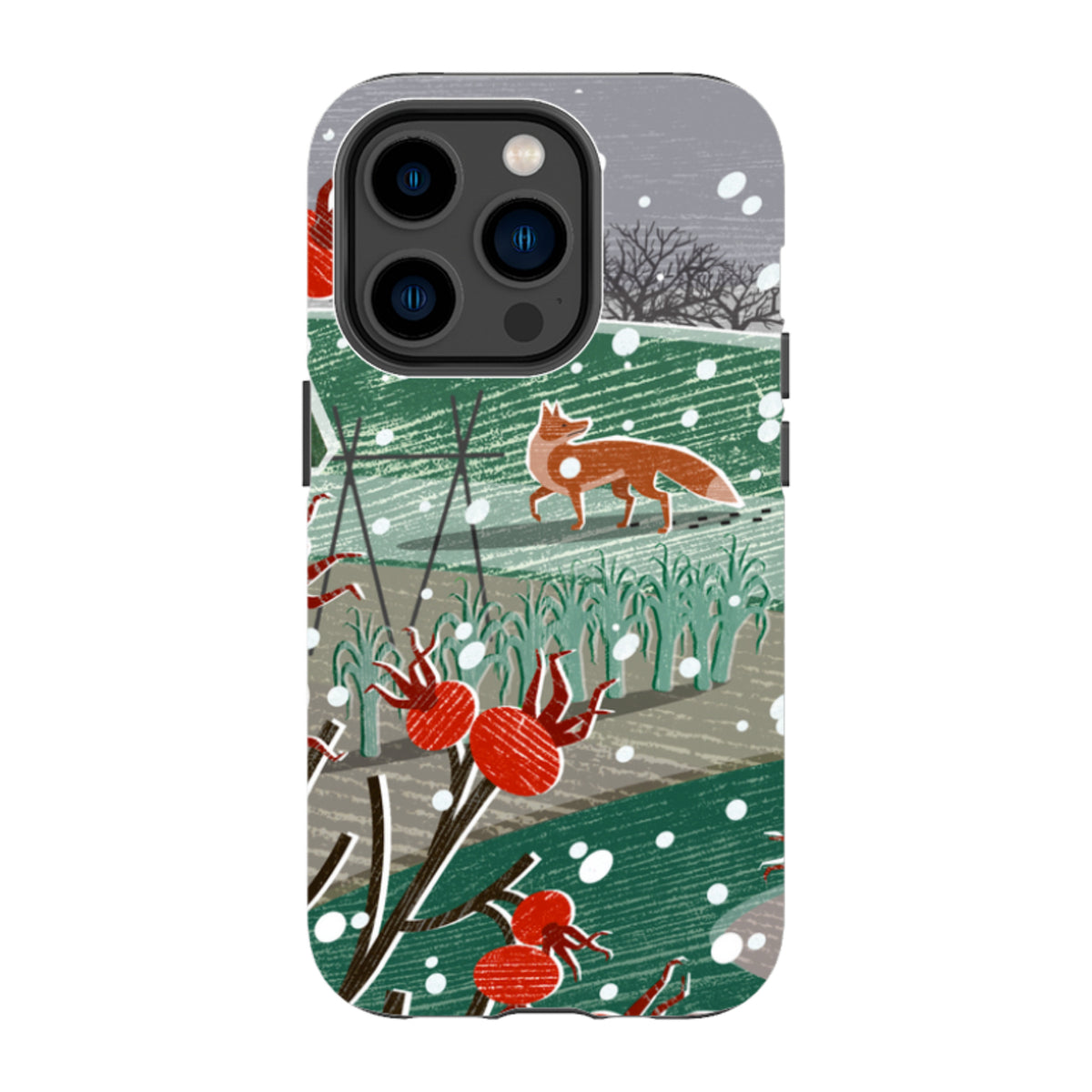 iPhone Tough Case featuring a stylized winter fox illustration with red berries and falling snow on a green background.
