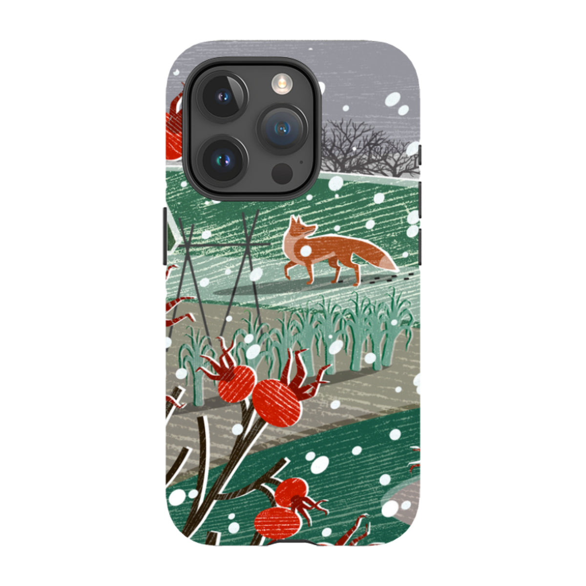 iPhone tough case featuring a Liane Payne fox illustration in a snowy winter landscape with red berries and green fields.
