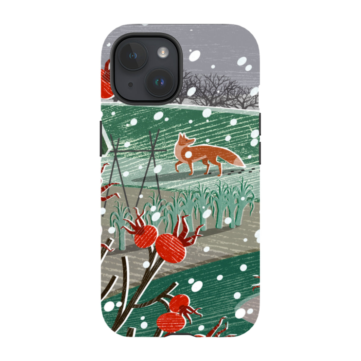 iPhone tough case featuring Liane Payne's Night Fox 3 artwork with a snowy landscape, red berries, and a fox illustration.