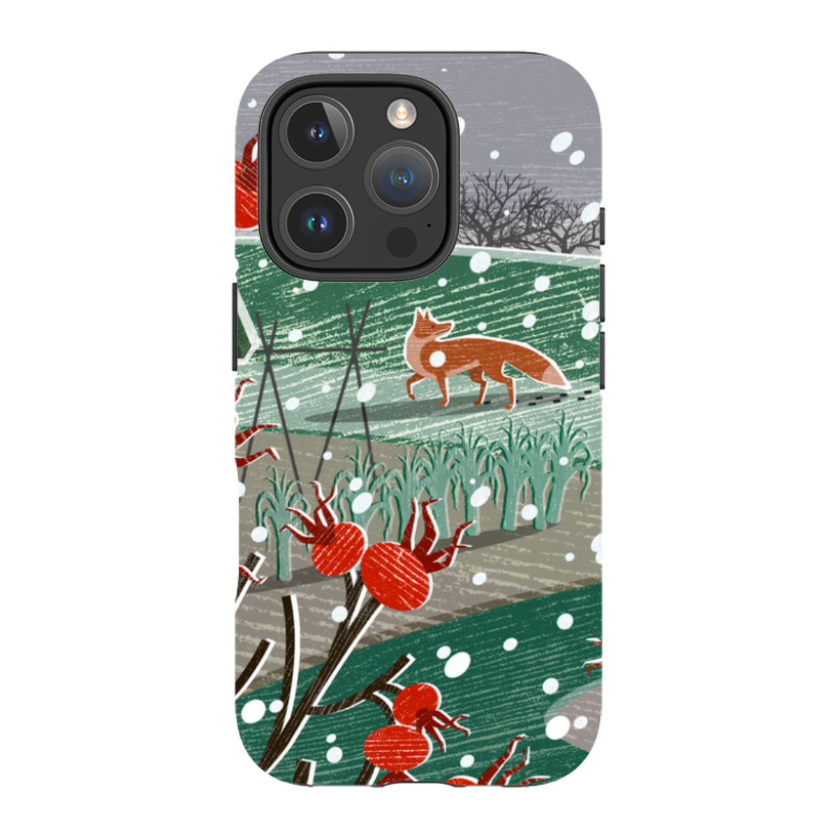 iPhone Tough Case featuring a stylized winter fox illustration with red berries and falling snow on a green field.