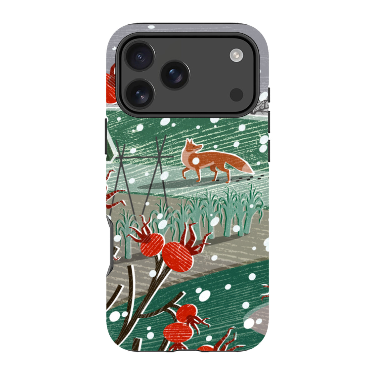Dual-layer iPhone case featuring Liane Payne’s Night Fox 3 art with a snowy forest, red berries, and a fox illustration.