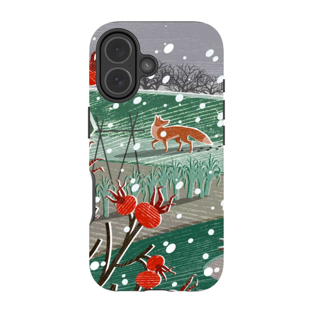 Dual-layer iPhone case featuring Liane Payne’s Night Fox 3 art with a snowy landscape, red berries, and a walking fox.