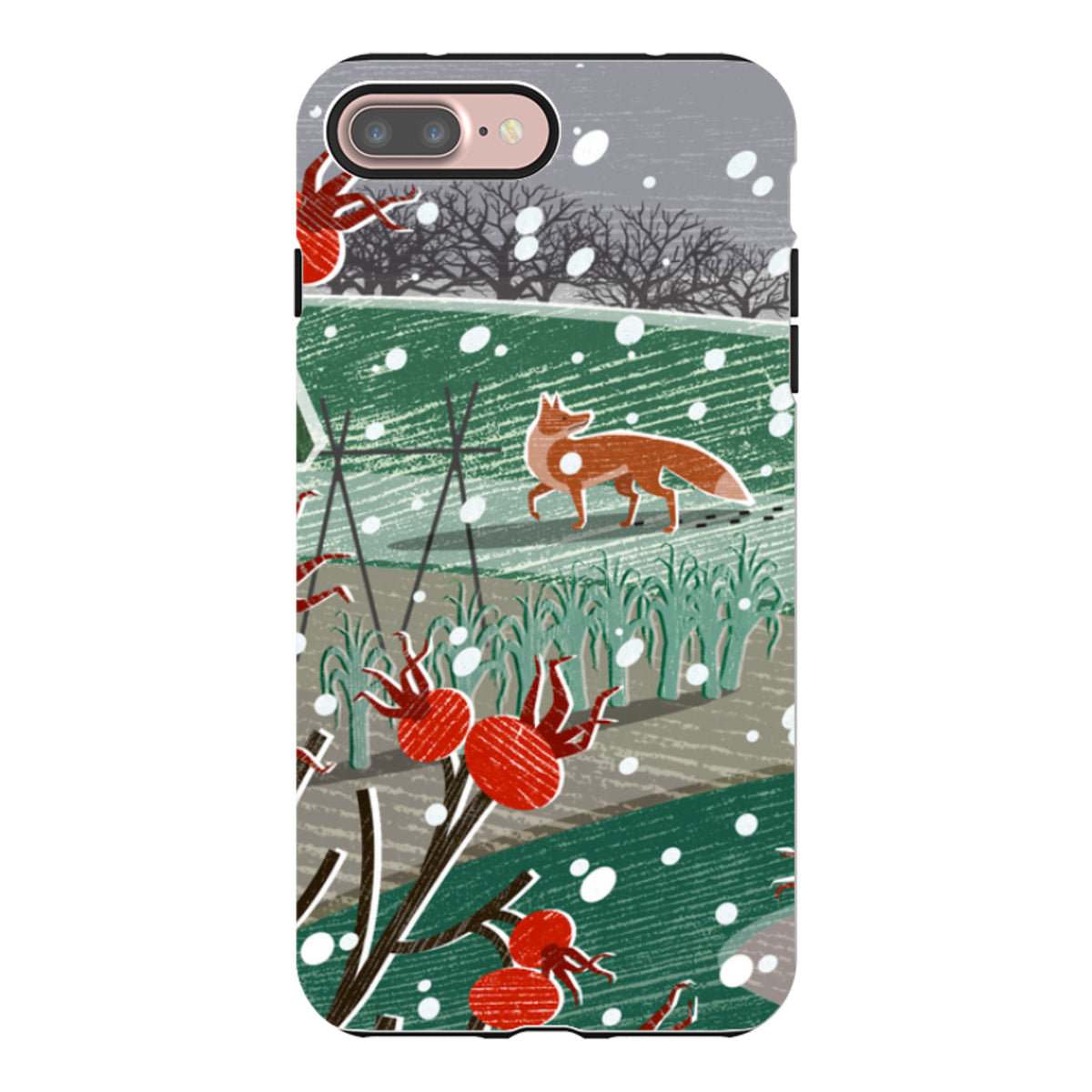 iPhone tough case featuring Liane Payne's Night Fox 3 art with a snowy field, red berries, and a fox in a dual-layer design.