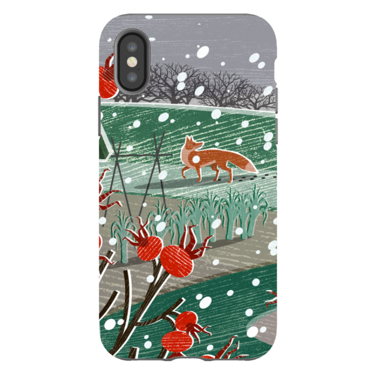 iPhone tough case featuring Liane Payne's Night Fox 3 art with a red fox in a snowy green landscape and red berries.